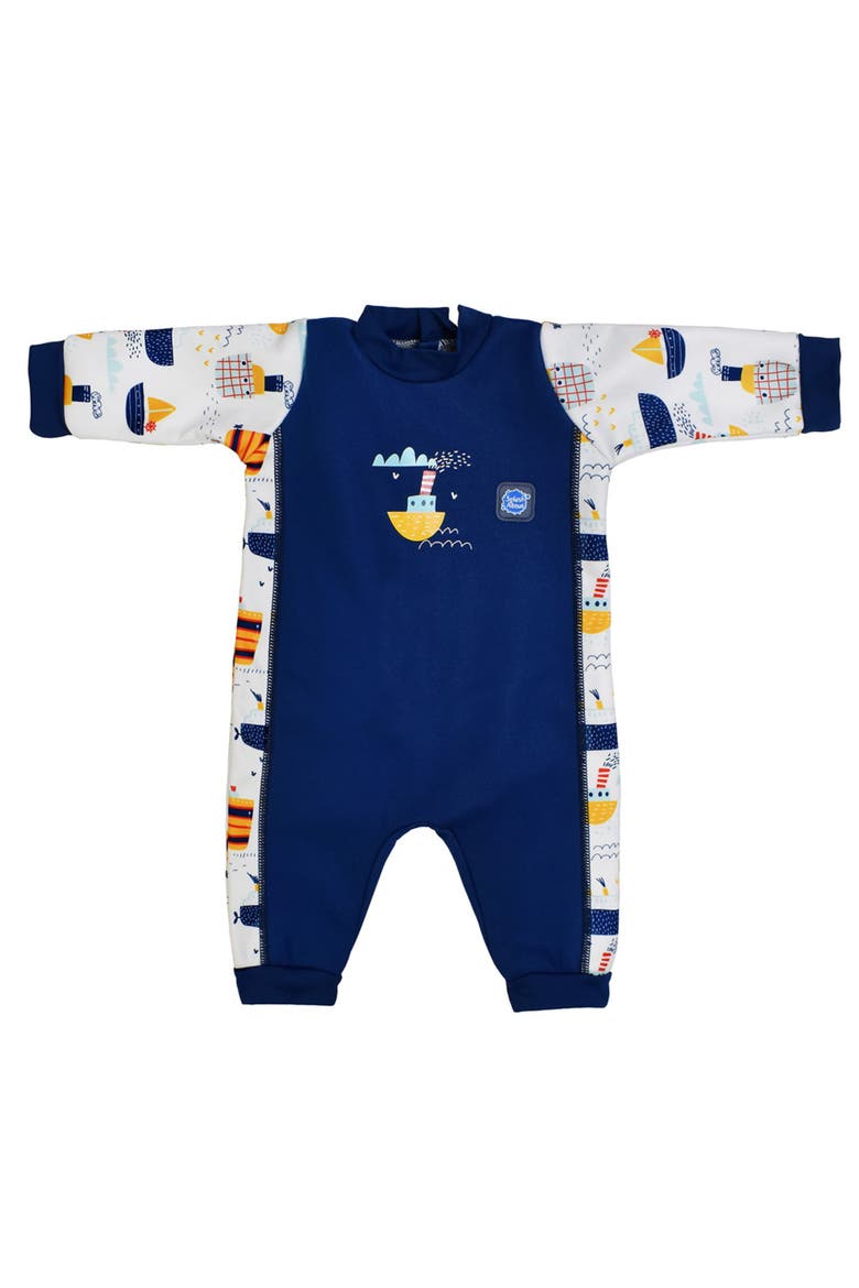 Warm in One Fleece Lined Baby Wetsuit, Main, color, Tug Boats