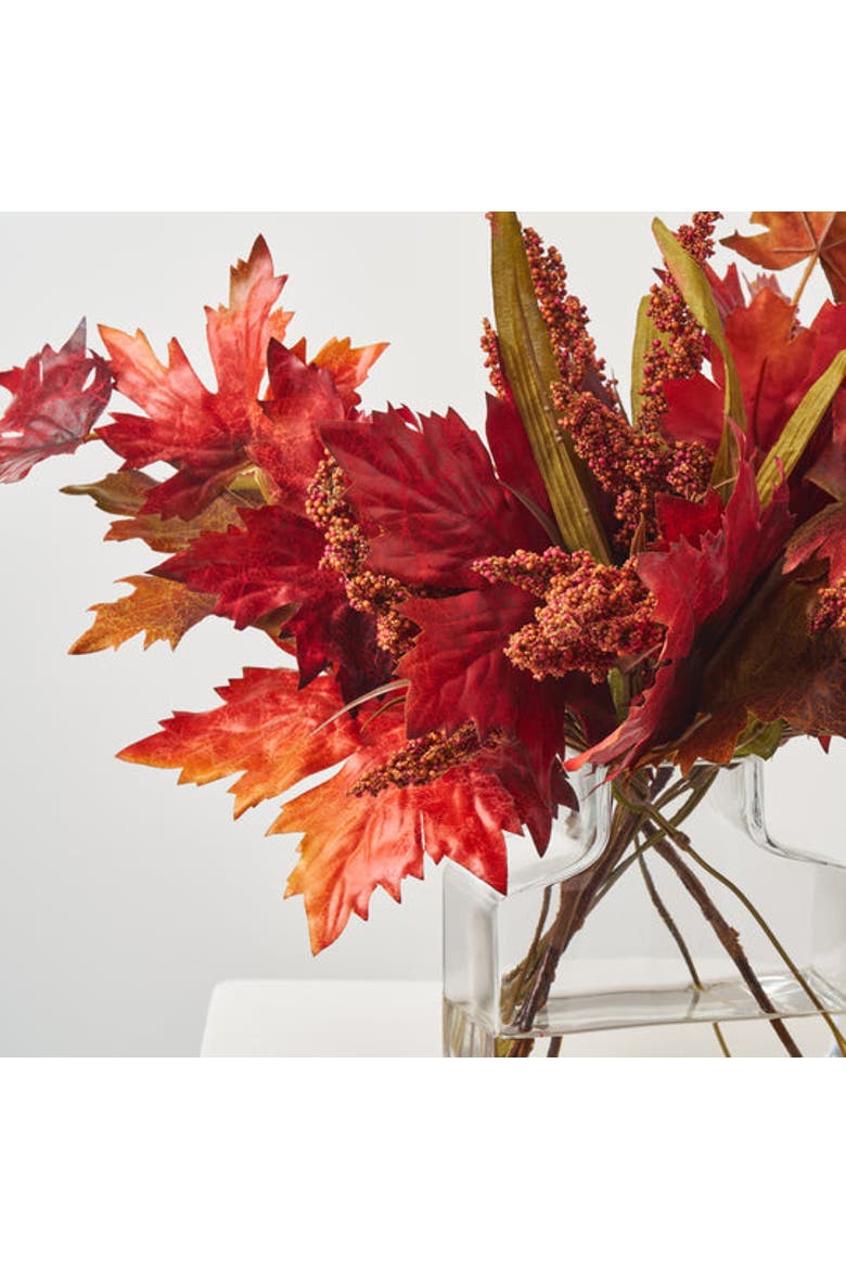 Mixed Fall Brown & Burgundy Red Maple Leaf & Rust Astilbe in Factice Vase Floral Water Illusion Arrangement, Alternate, color, Burgundy