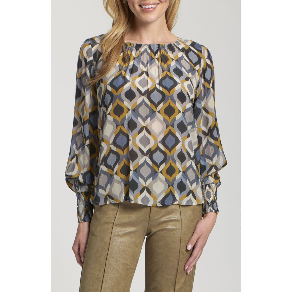 Apny Printed Smocked Cuff Top In Blue