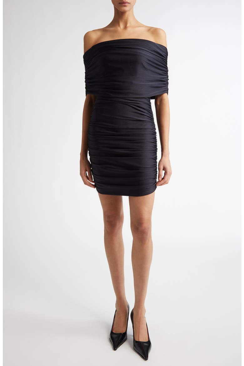 Ruched Off the Shoulder Minidress, Main, color, BLACK