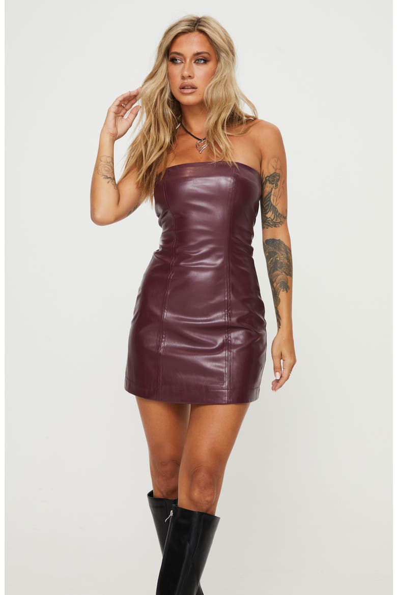 Hailey Strapless Faux Leather Minidress, Alternate, color, BURGUNDY
