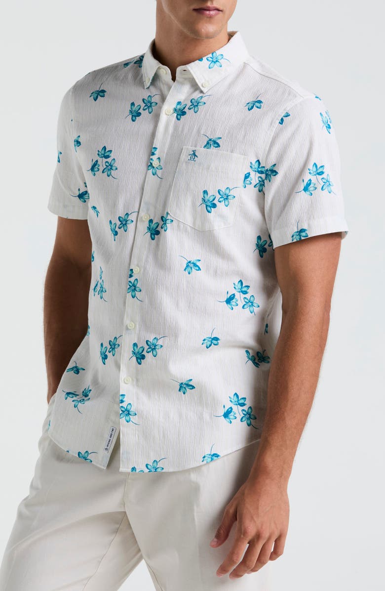 Original Penguin Floral Short Sleeve Cotton & Viscose Seersucker Button-Down Shirt, Main, color, Bright White