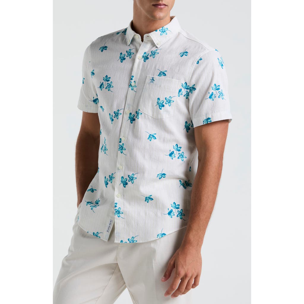 Original Penguin Floral Short Sleeve Cotton & Viscose Seersucker Button-down Shirt In Bright White