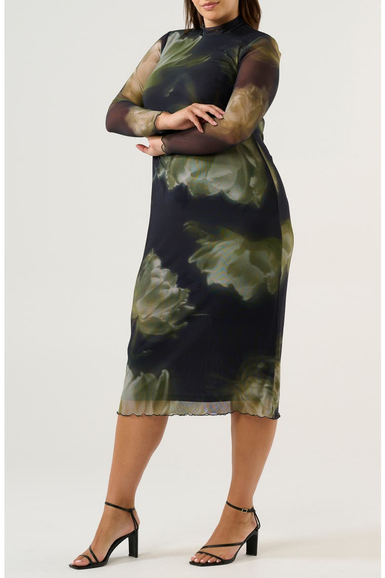 Peace Lily Mock Neck Long Sleeve Mesh Midi Dress, Alternate, color, BLACK/ MOSS