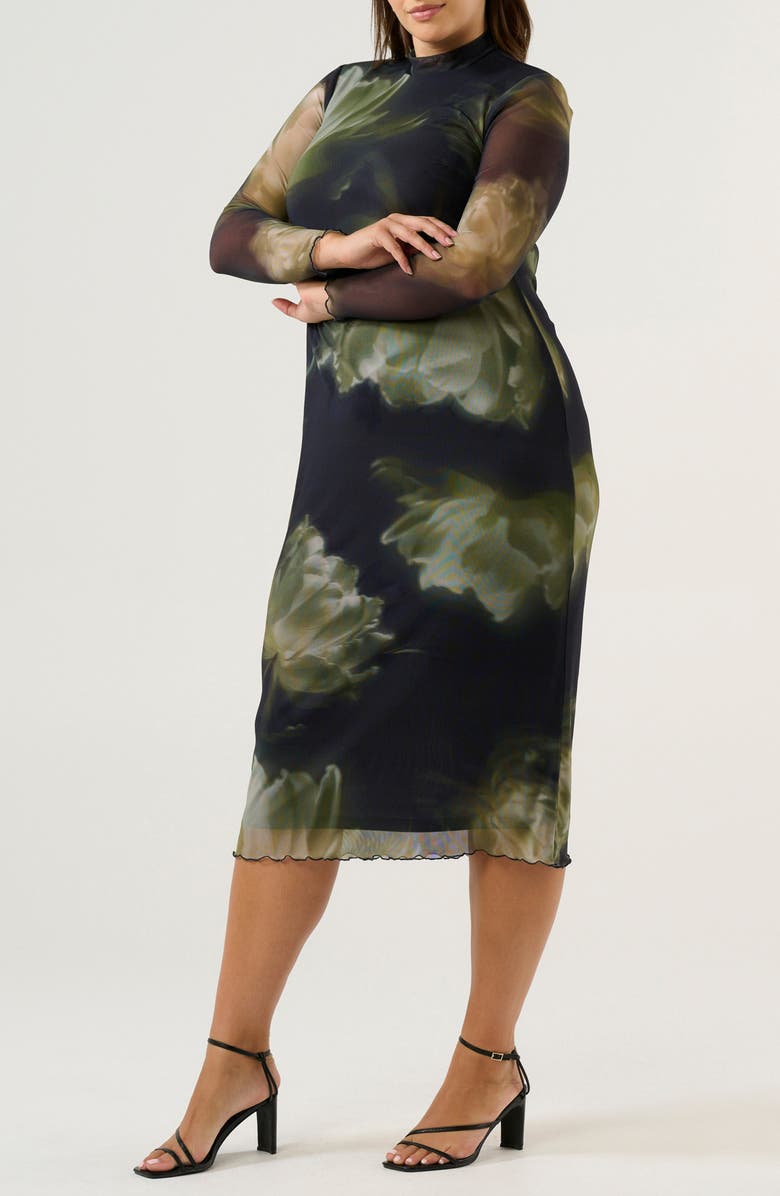 Estelle Peace Lily Mock Neck Long Sleeve Mesh Midi Dress, Alternate, color, Black/ Moss