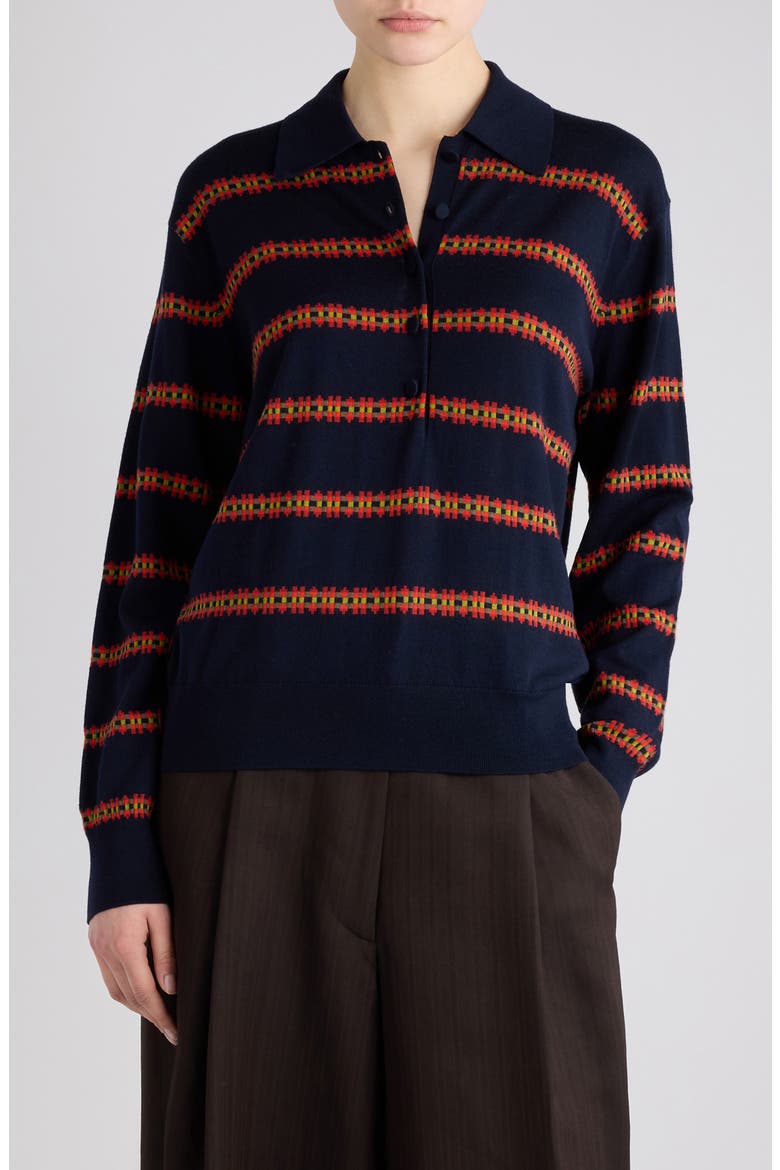 Tunos Geometric Stripe Wool Polo, Main, color, NAVY