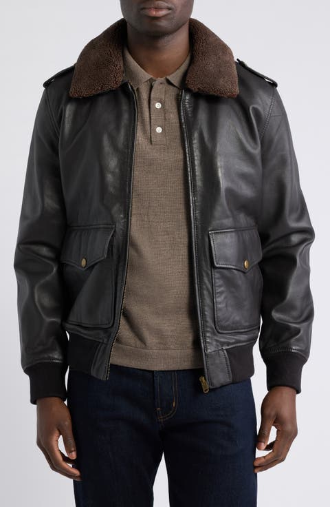 Leather Aviator Jacket with Faux Fleece Collar