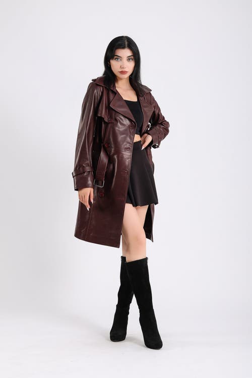 Furniq Uk Soho Leather Trench Coat In Burgundy