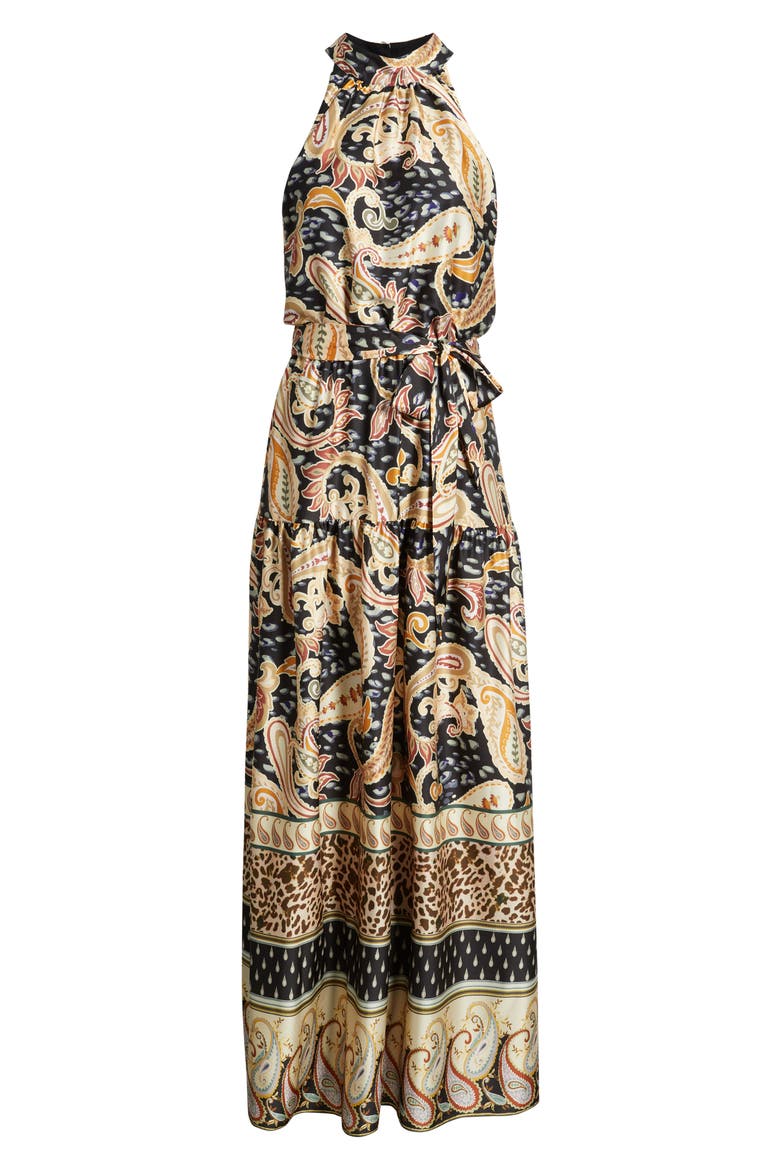 Paisley Print Stretch Satin Maxi Dress, Alternate, color, BLACK MULTI