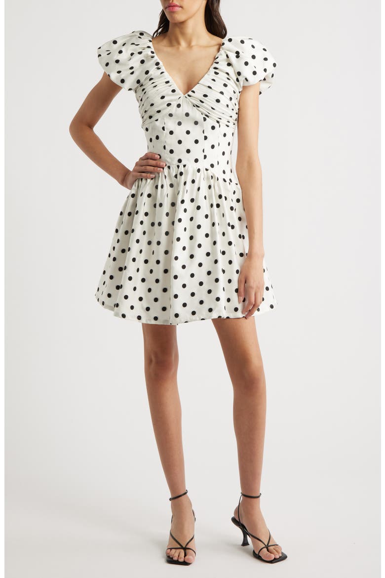 Raven Spot Polka Dot Ruched Fit & Flare Minidress, Main, color, IVORY