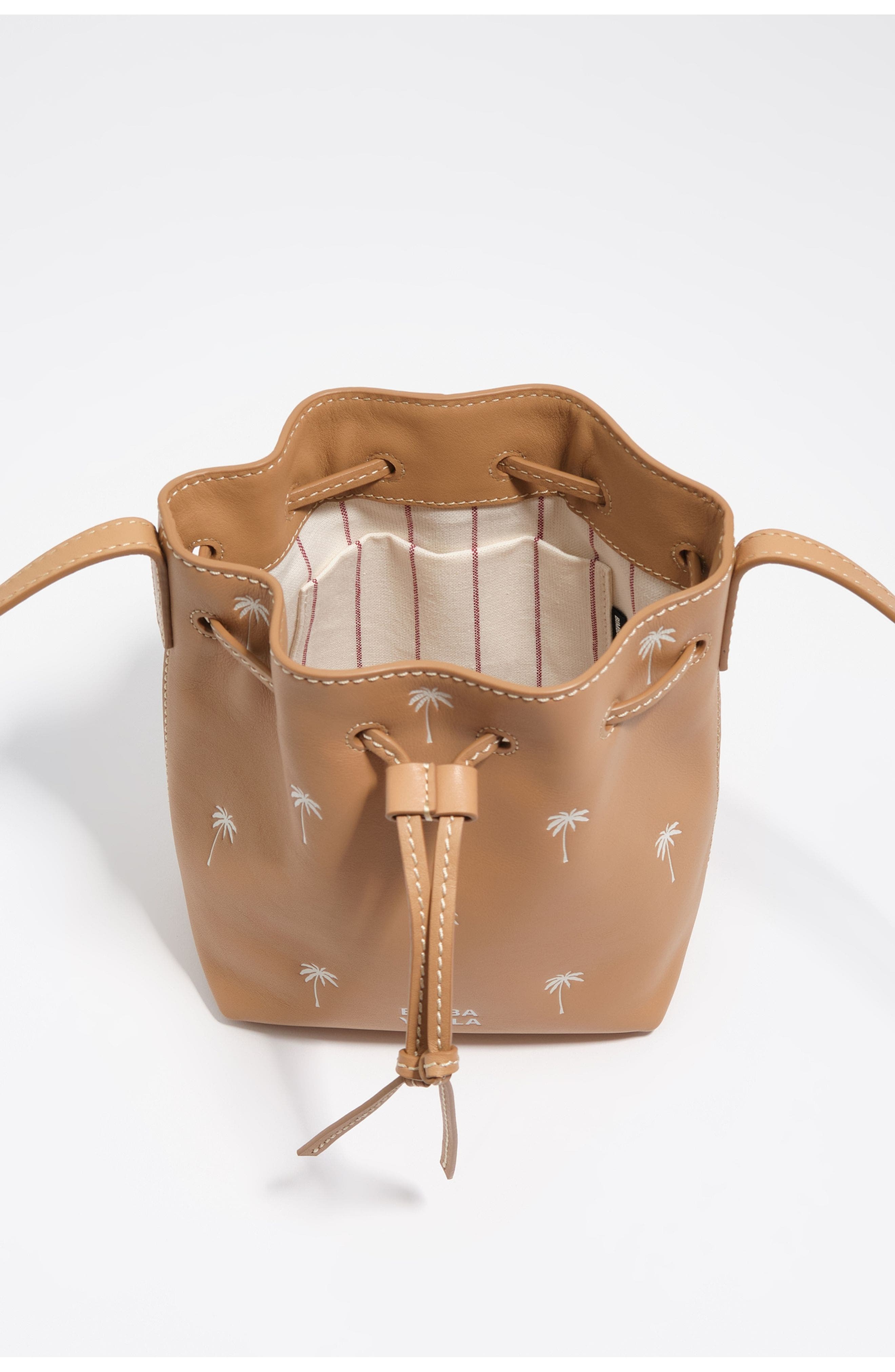 Bimba y Lola Small Palms print leather Carlino bucket bag, Alternate, color, Hazelnut