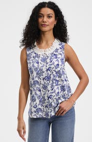 Lands' End Lightweight Jersey Button Front Lace Trim Tank