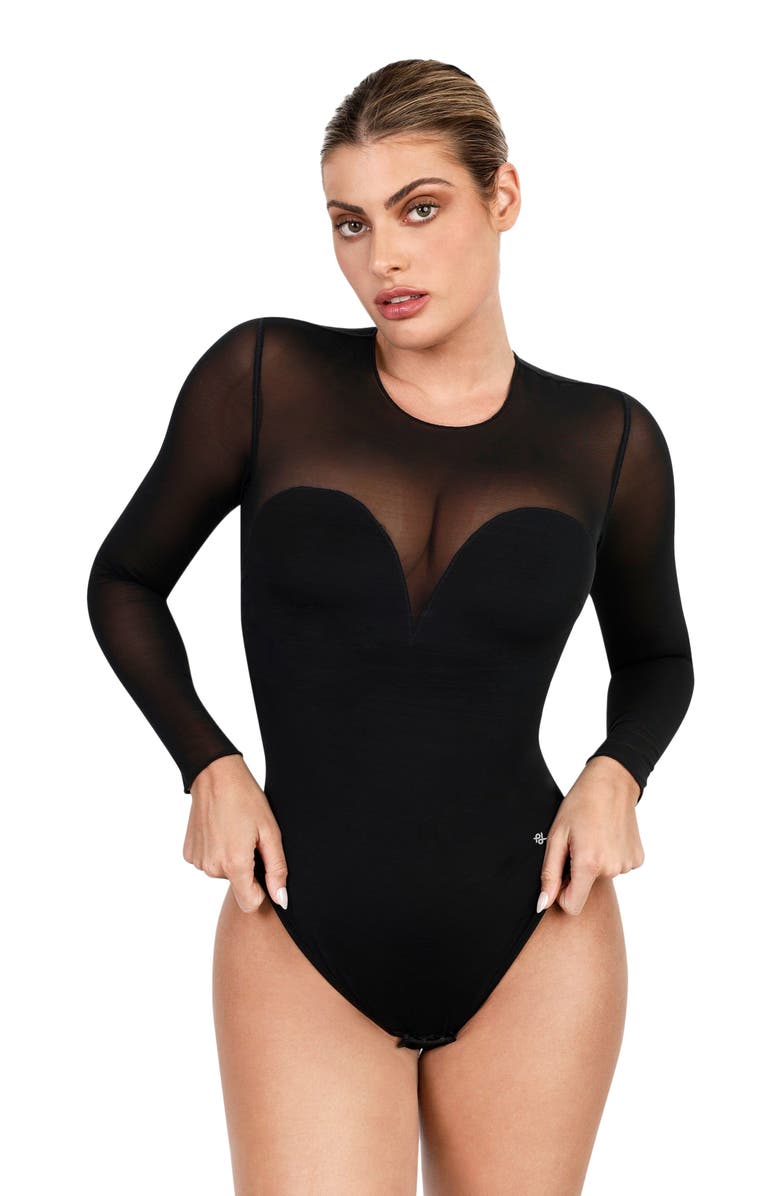 Popilush Shapewear Illusion Mesh Long Sleeve Tummy Control Bodysuit, Main, color, Jet Black