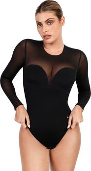 Popilush Shapewear Illusion Mesh Long Sleeve Tummy Control Bodysuit