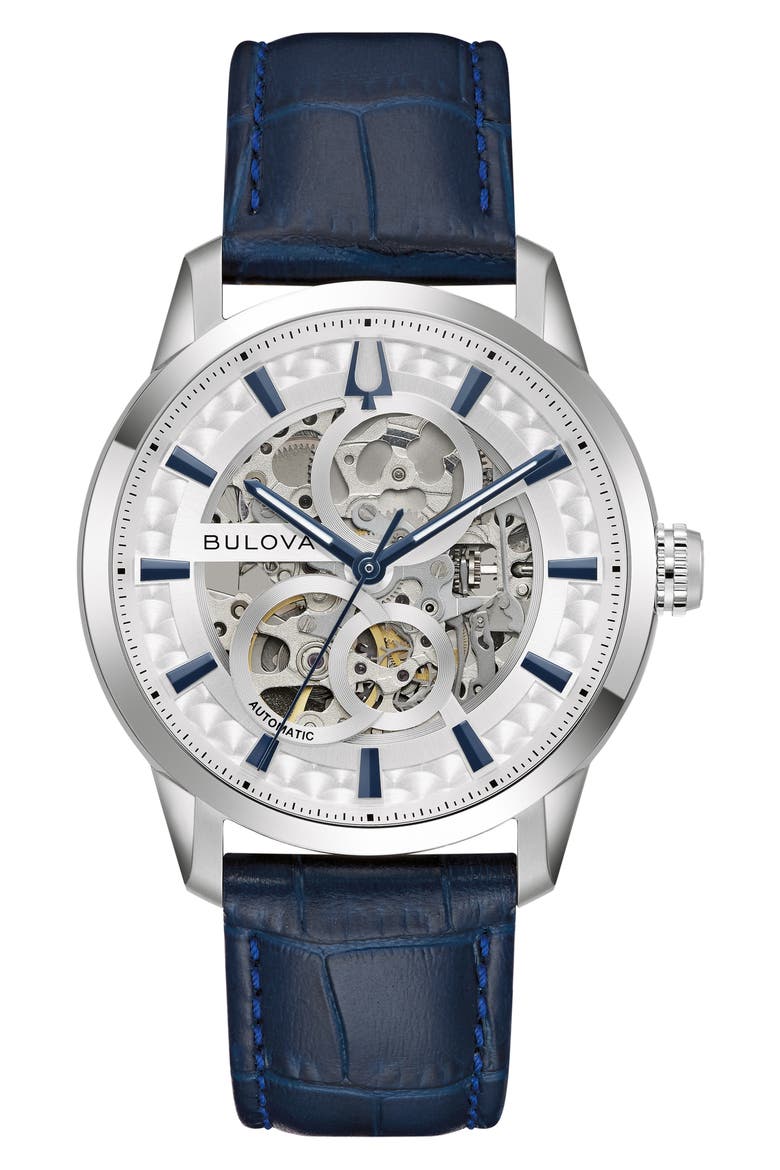 Sutton Skeleton Automatic Leather Strap Watch, 40mm, Main, color, BLUE