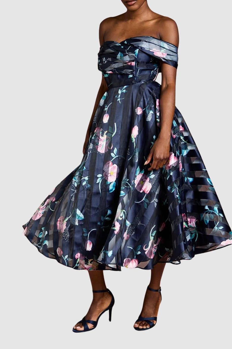 Stripe Organza Pleat Top Midi Dress, Alternate, color, Navy