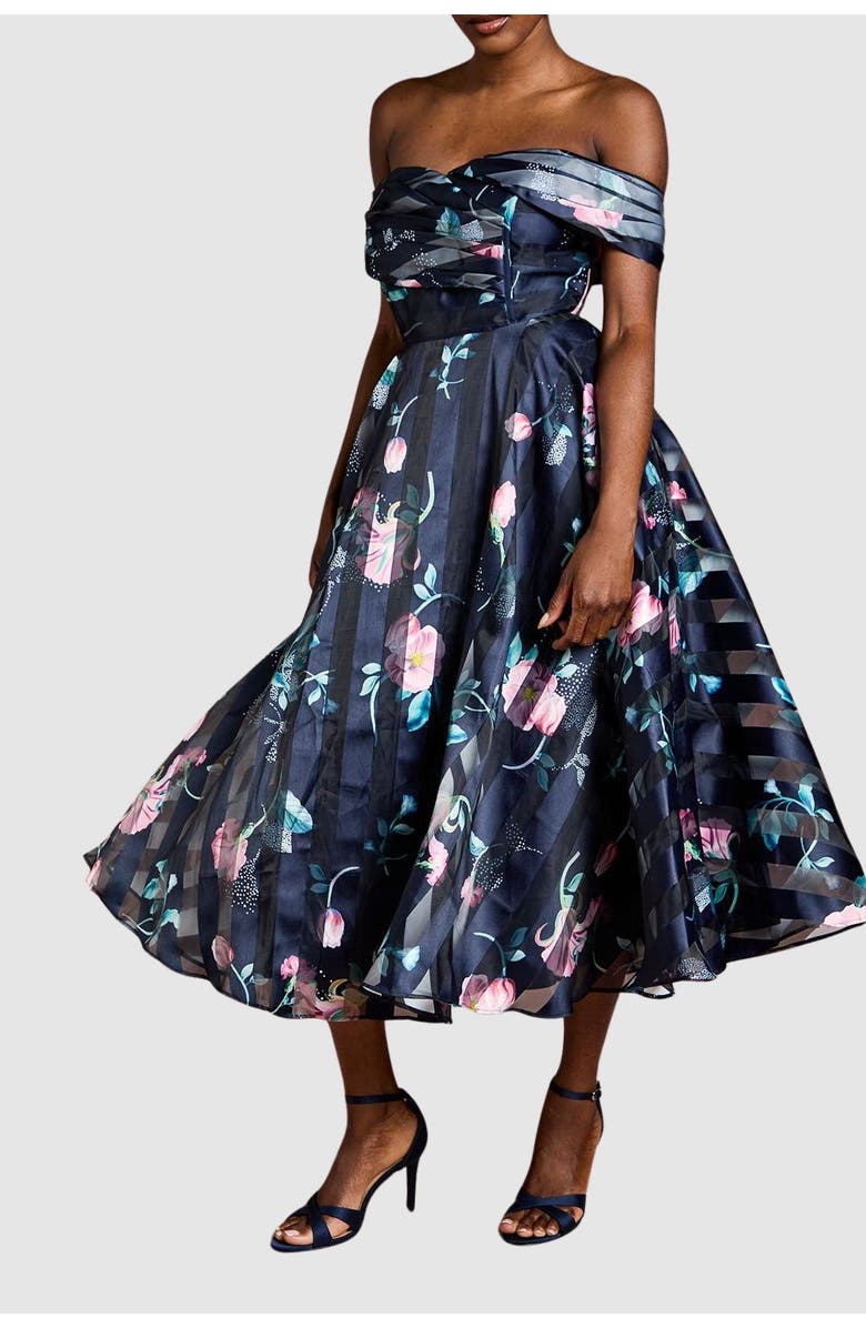 Coast Stripe Organza Pleat Top Midi Dress, Alternate, color, Navy