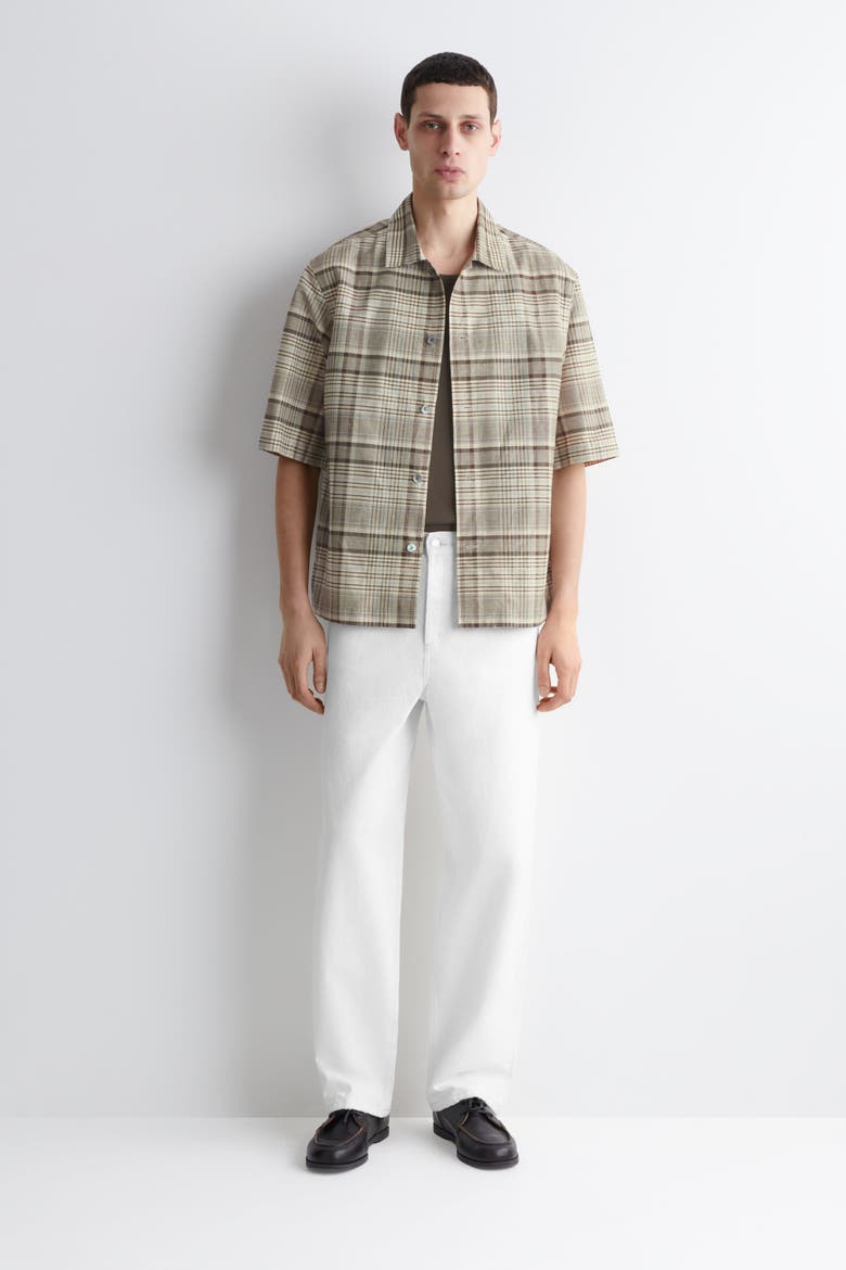 Checked Linen-blend Short-sleeved Shirt, Alternate, color, BEIGE / CHECKED