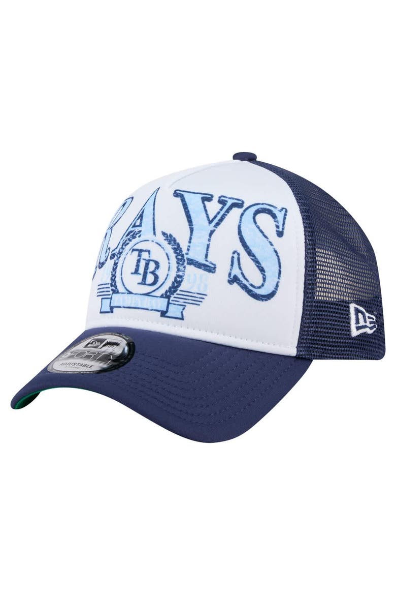 Men's New Era  Navy Tampa Bay Rays Distressed 9FORTY A-Frame Adjustable Trucker Hat, Main, color, Navy
