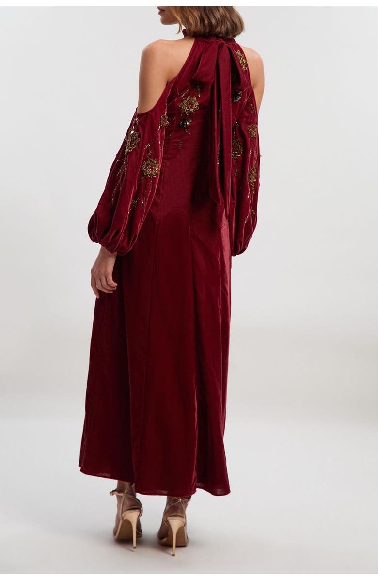 Karen Millen Velvet Embroidered High Neck Maxi Dress, Alternate, color, Rust