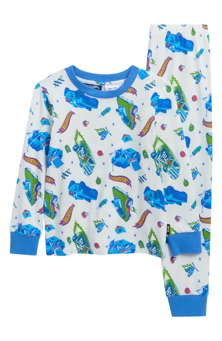 Rock Your Kid x Hot Wheels Kids' Push Your Limits Fitted Two-Piece Pajamas, Main, color, Cream/ Blue