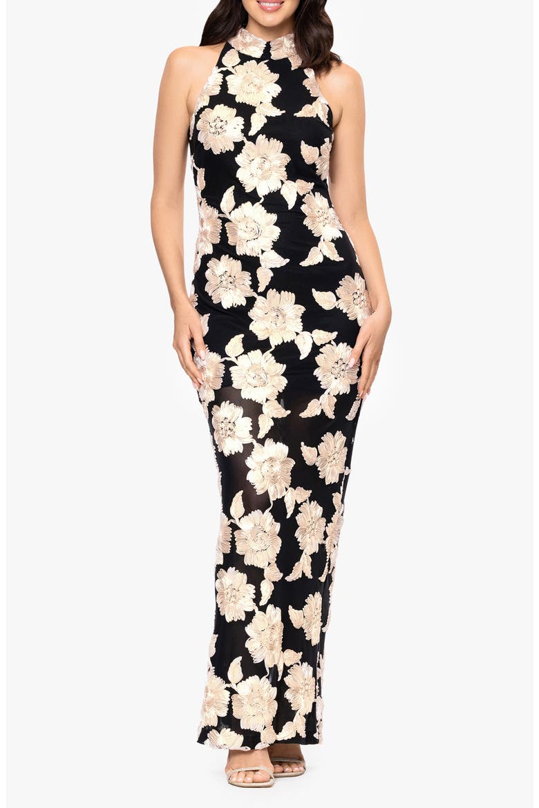 Floral Soutache Sheath Gown, Main, color, BLACK/ CHAMPAGNE