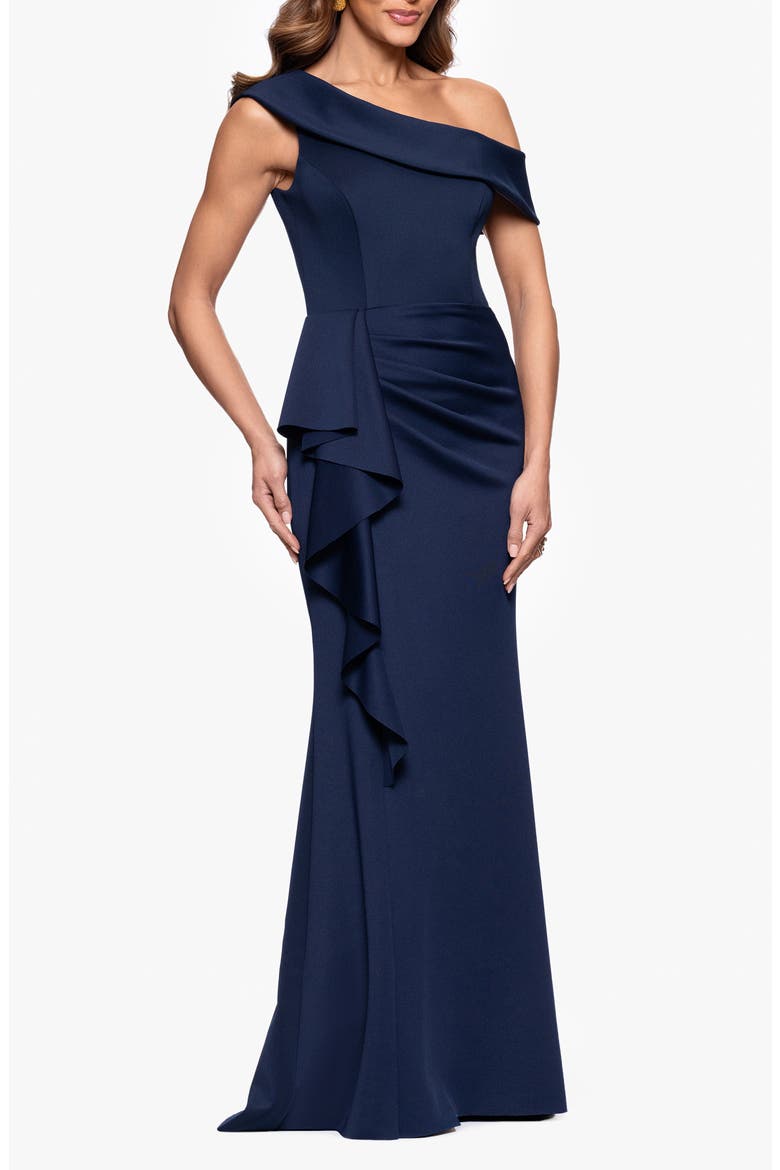 Ruffle One-Shoulder Scuba Knit Gown, Alternate, color, MIDNIGHT