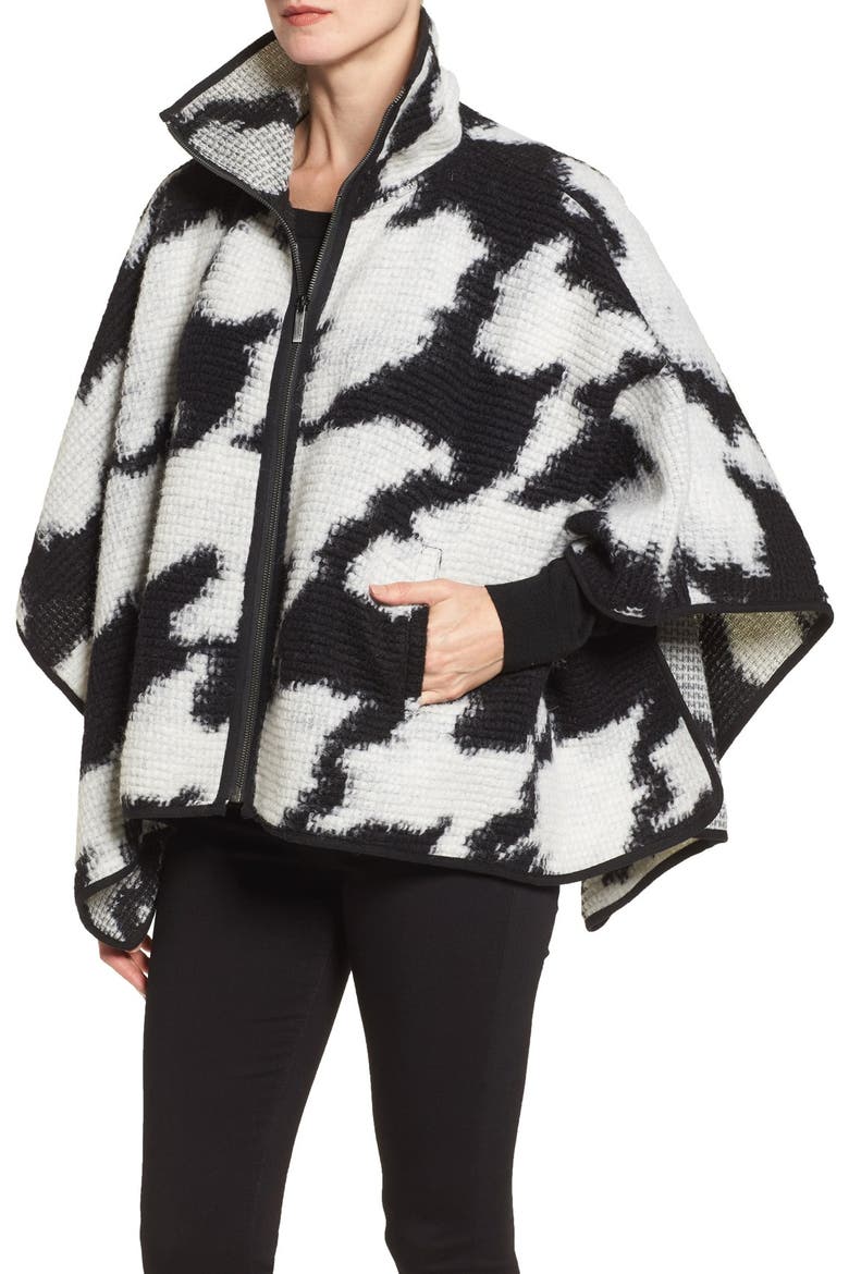 Zip Front Houndstooth Wool Blend Poncho, Alternate, color, BLACK/ WHITE