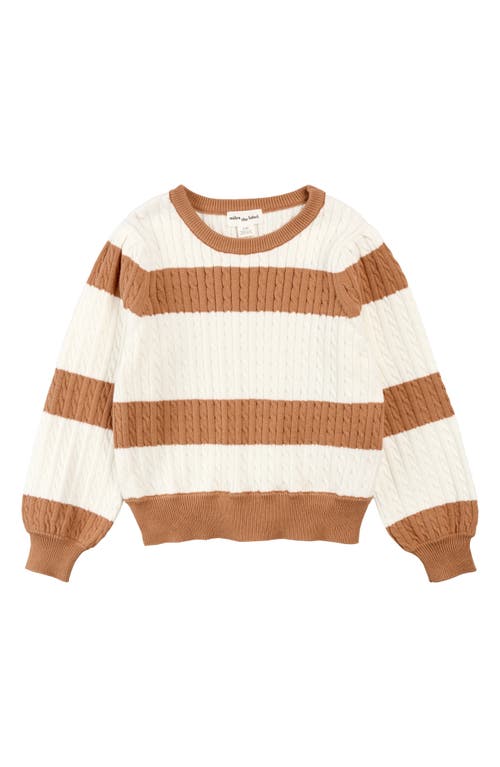 Shop Miles The Label Kids' Stripe Cable Organic Cotton Crewneck Sweater In Camel