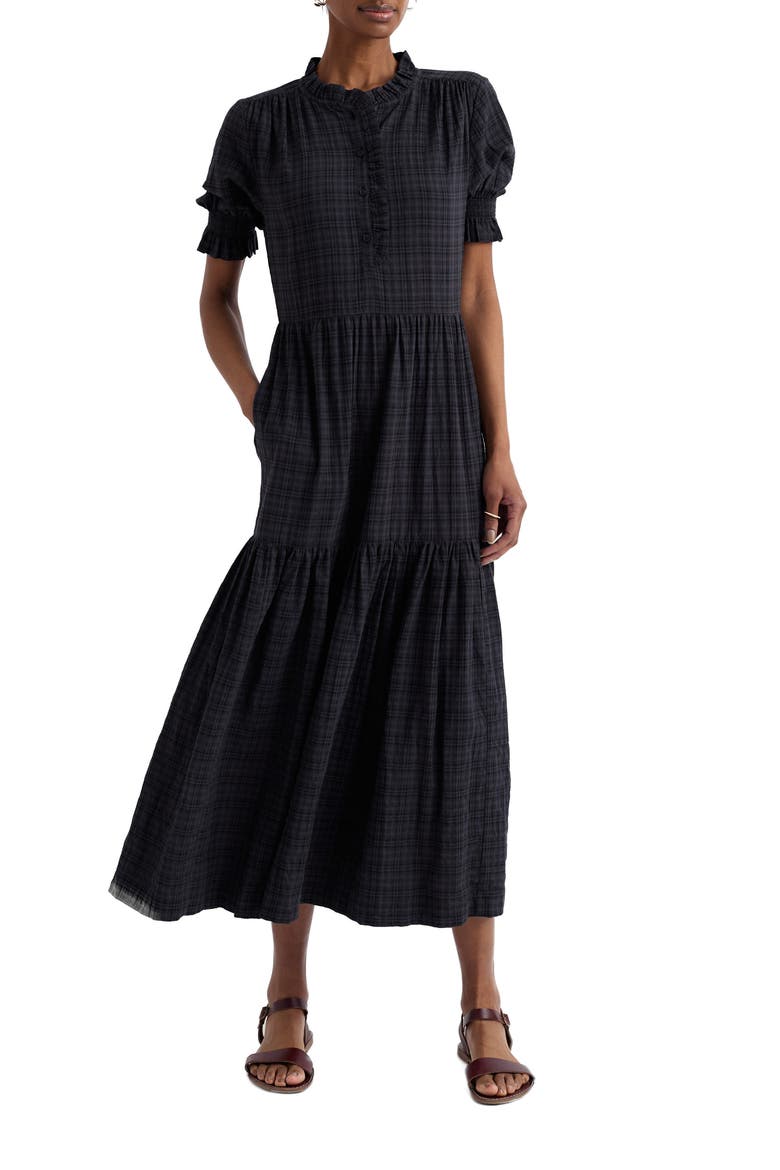 Feather Star Puff Sleeve Tiered Organic Cotton Blend Dress, Main, color, INKWELL