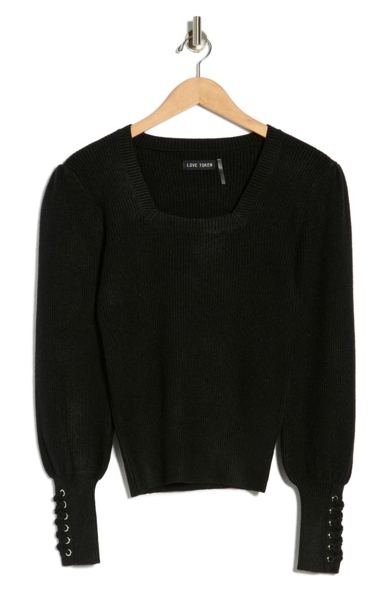 Love Token Whipstitch Sleeve Sweater, Alternate, color, Black
