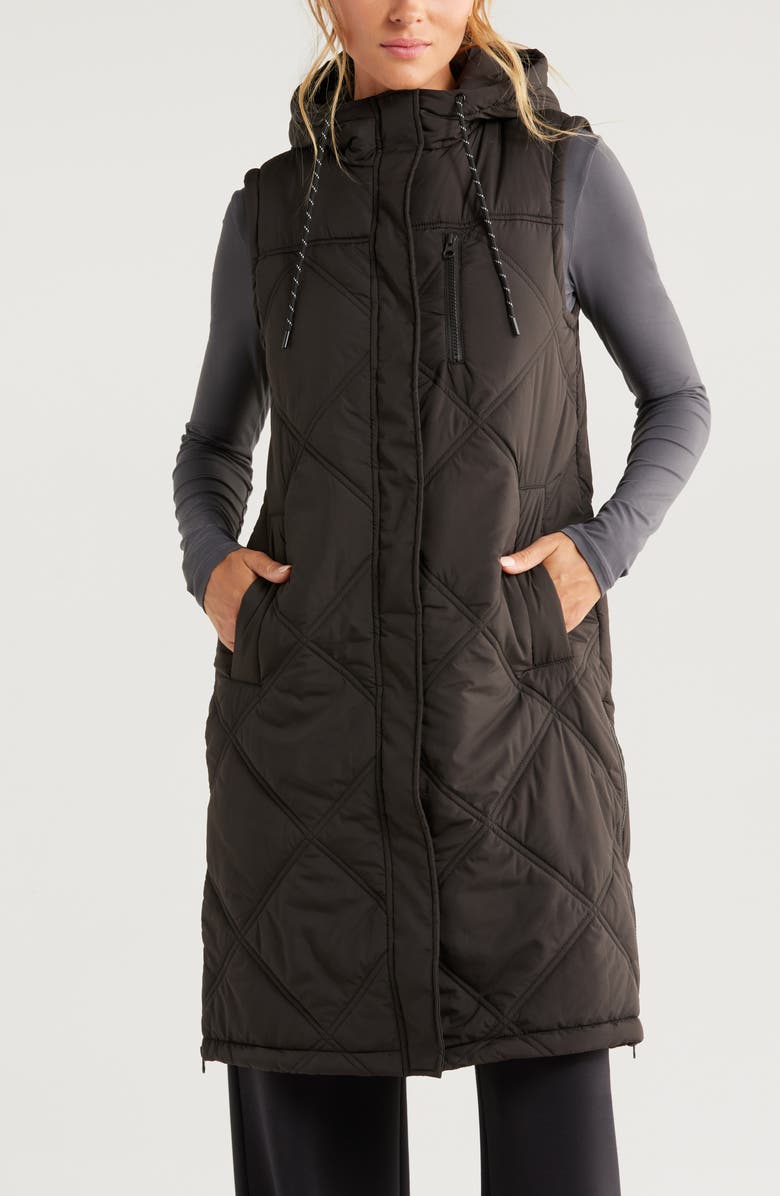 Zella Long Hooded Puffer Vest, Alternate, color, Black