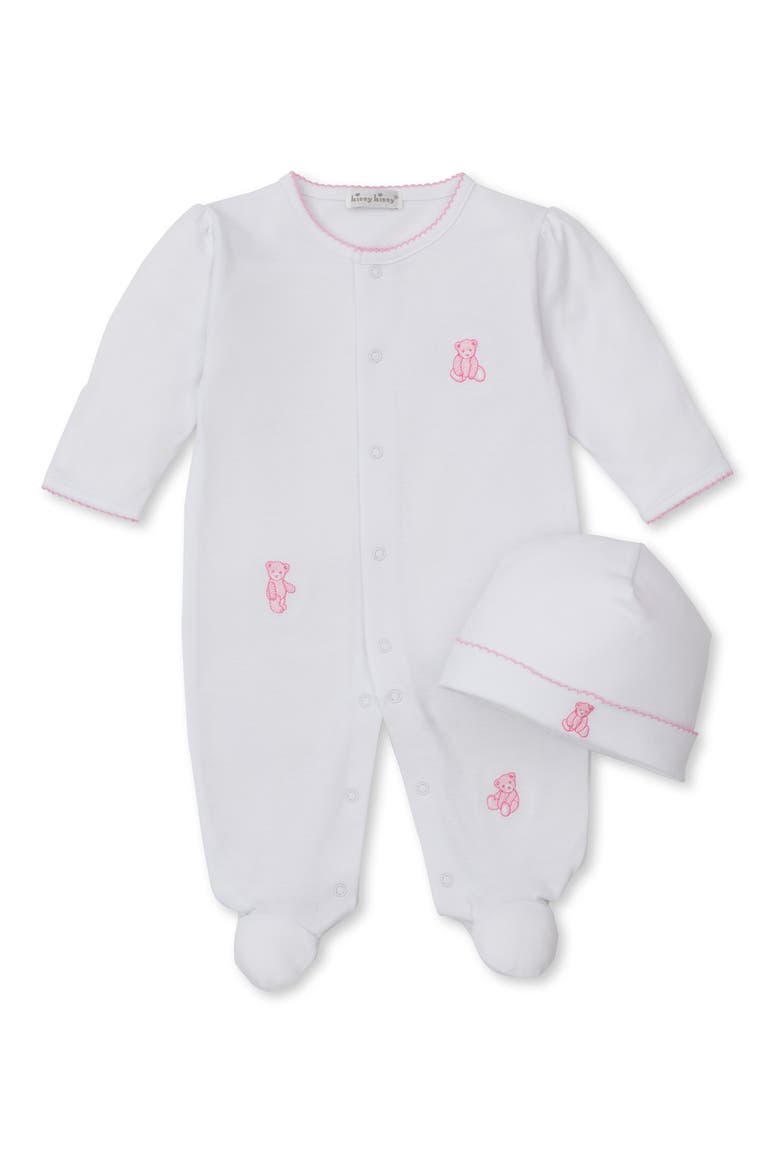 Teddy Bear Embroidered Pima Cotton Footie & Hat Set, Main, color, WHITE/PINK