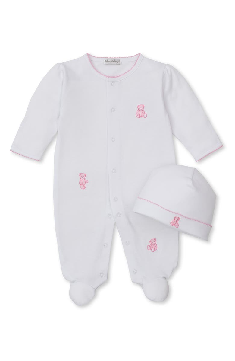 Kissy Kissy Teddy Bear Embroidered Pima Cotton Footie & Hat Set, Main, color, White/ Pink