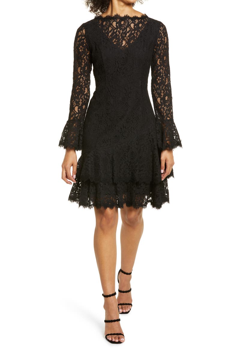 Long Sleeve Tiered Lace Dress, Main, color, BLACK
