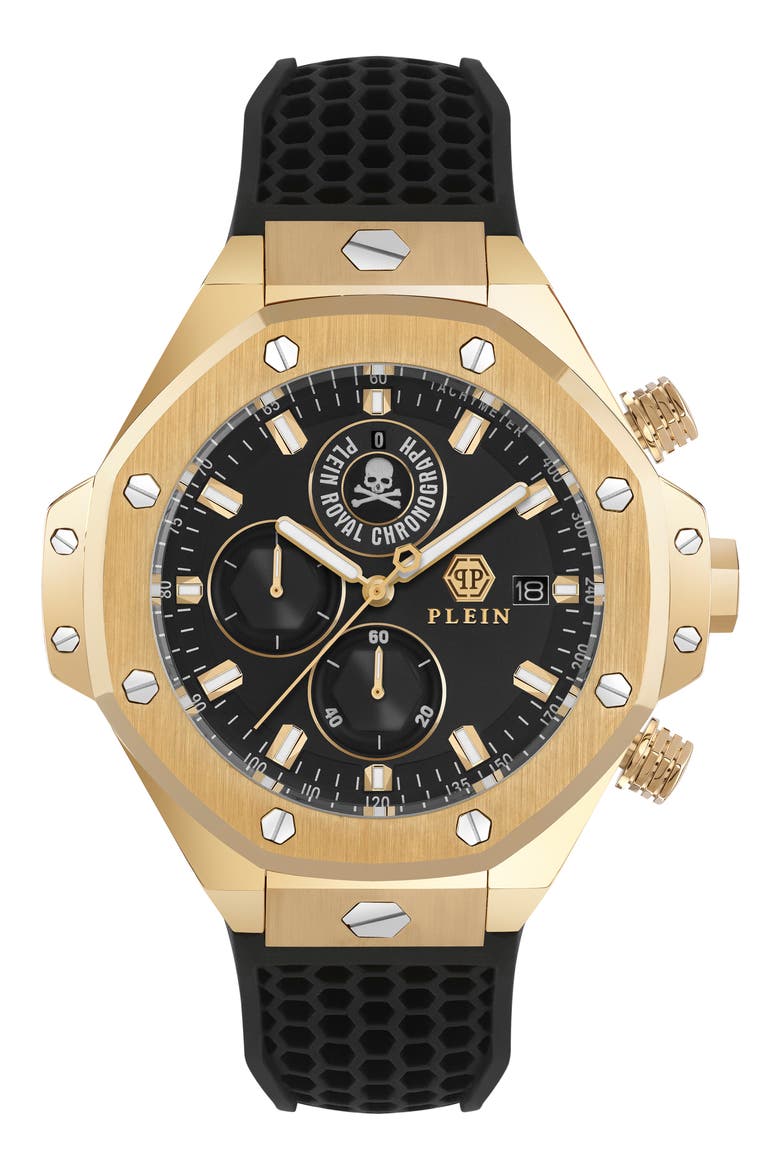 Plein Royal Chronograph Silicone Strap Watch, 46mm, Main, color, IP YELLOW GOLD