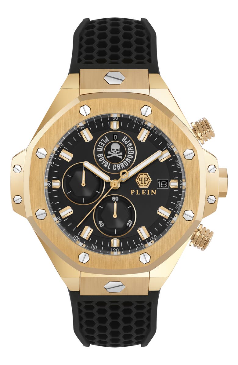PHILIPP PLEIN Plein Royal Chronograph Silicone Strap Watch, 46mm, Main, color, Ip Yellow Gold
