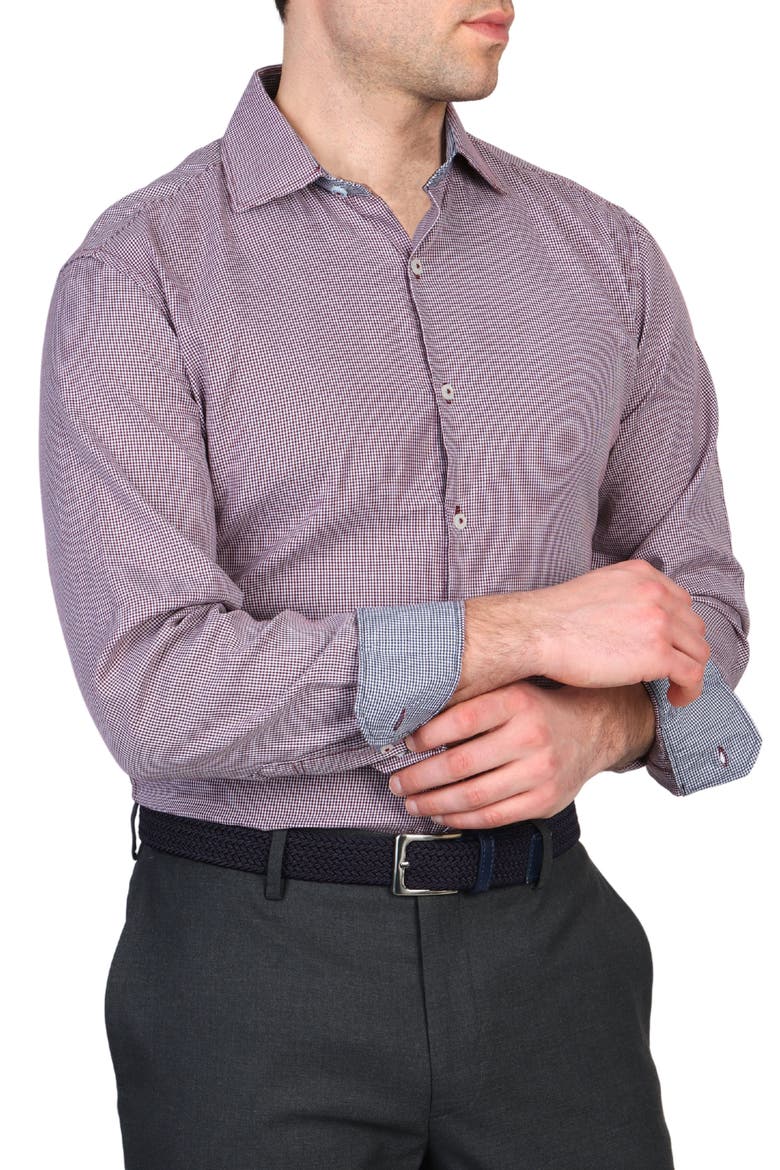 Trim Fit Dobby Mini Gingham Non-Iron Stretch Dress Shirt, Alternate, color, BURGUNDY