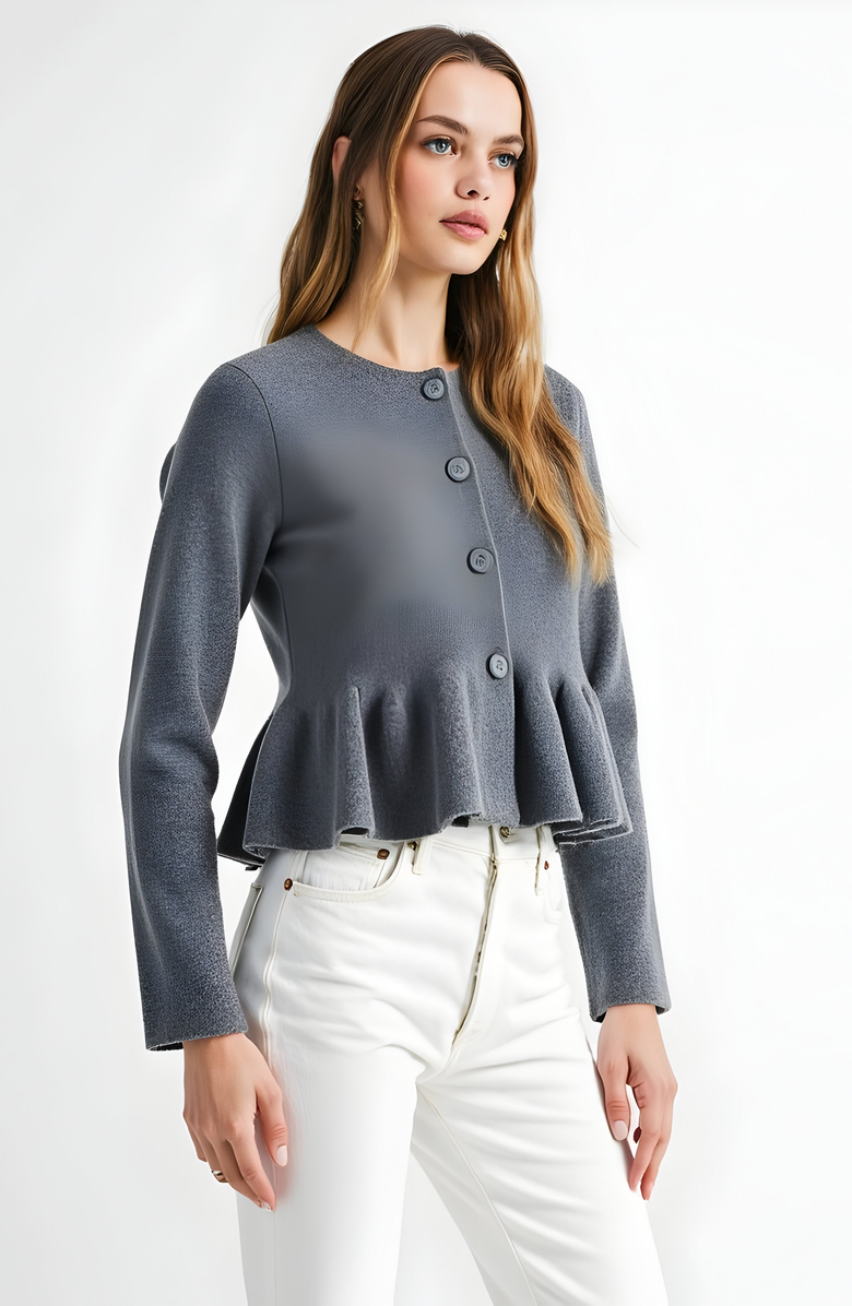 Modenaire Button-Up Peplum Cardigan, Alternate, color, Grey