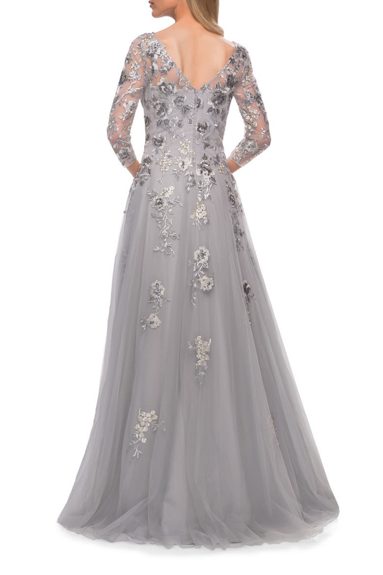 A Line Tulle and Lace Gown with Boat Neckline, Alternate, color, Silver