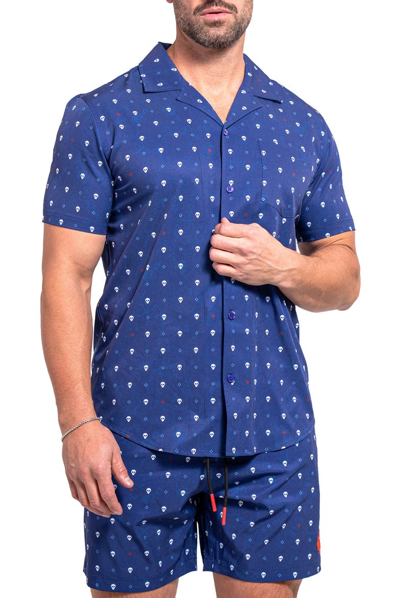 Beachskull Blue Short Sleeve Cotton Button-Up Shirt, Alternate, color, BLUE
