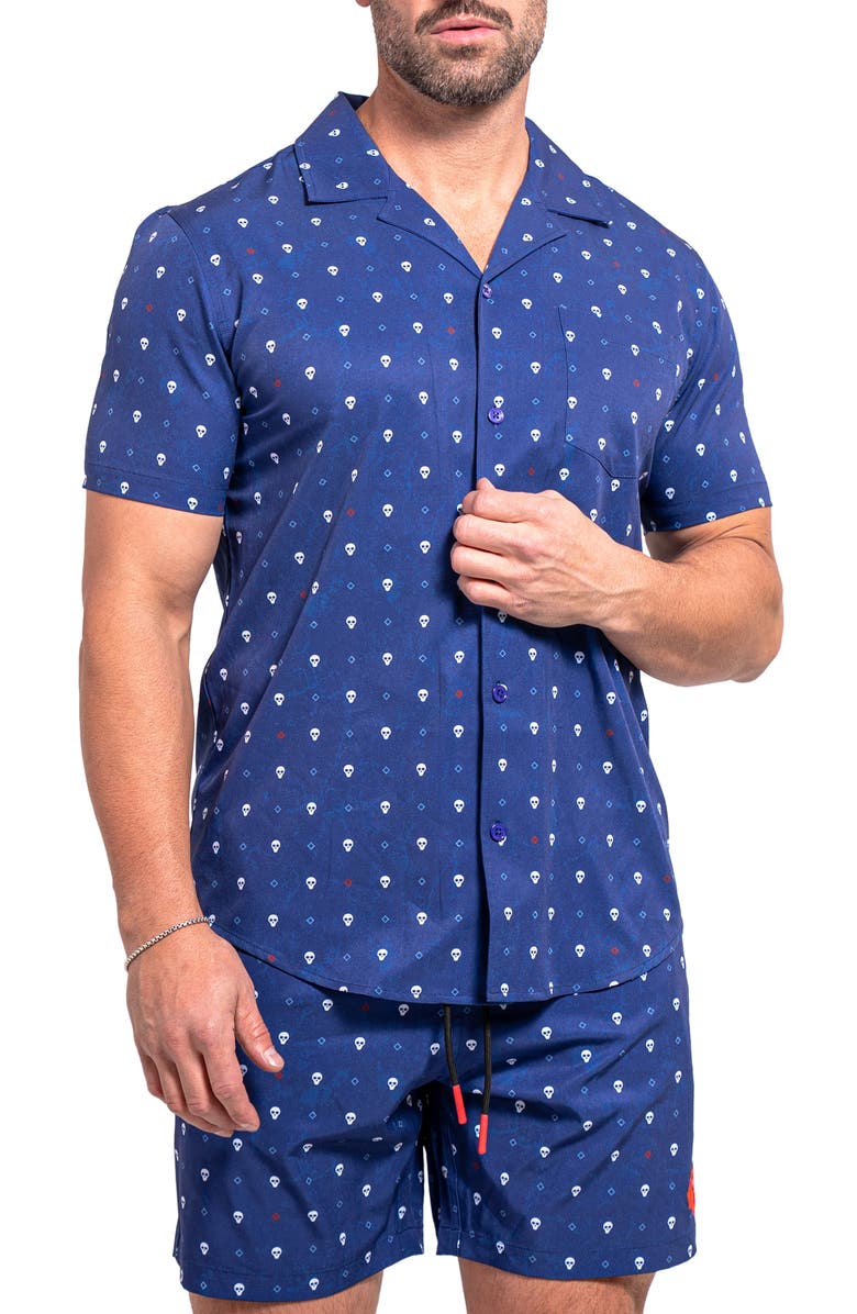 Maceoo Beachskull Blue Short Sleeve Cotton Button-Up Shirt, Alternate, color, Blue