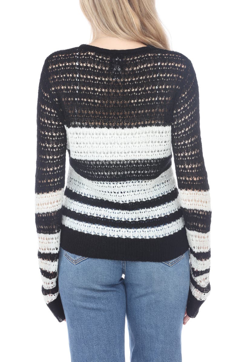 RAIN AND ROSE Stripe Tie Keyhole Open Stitch Sweater, Alternate, color, Black Stripe