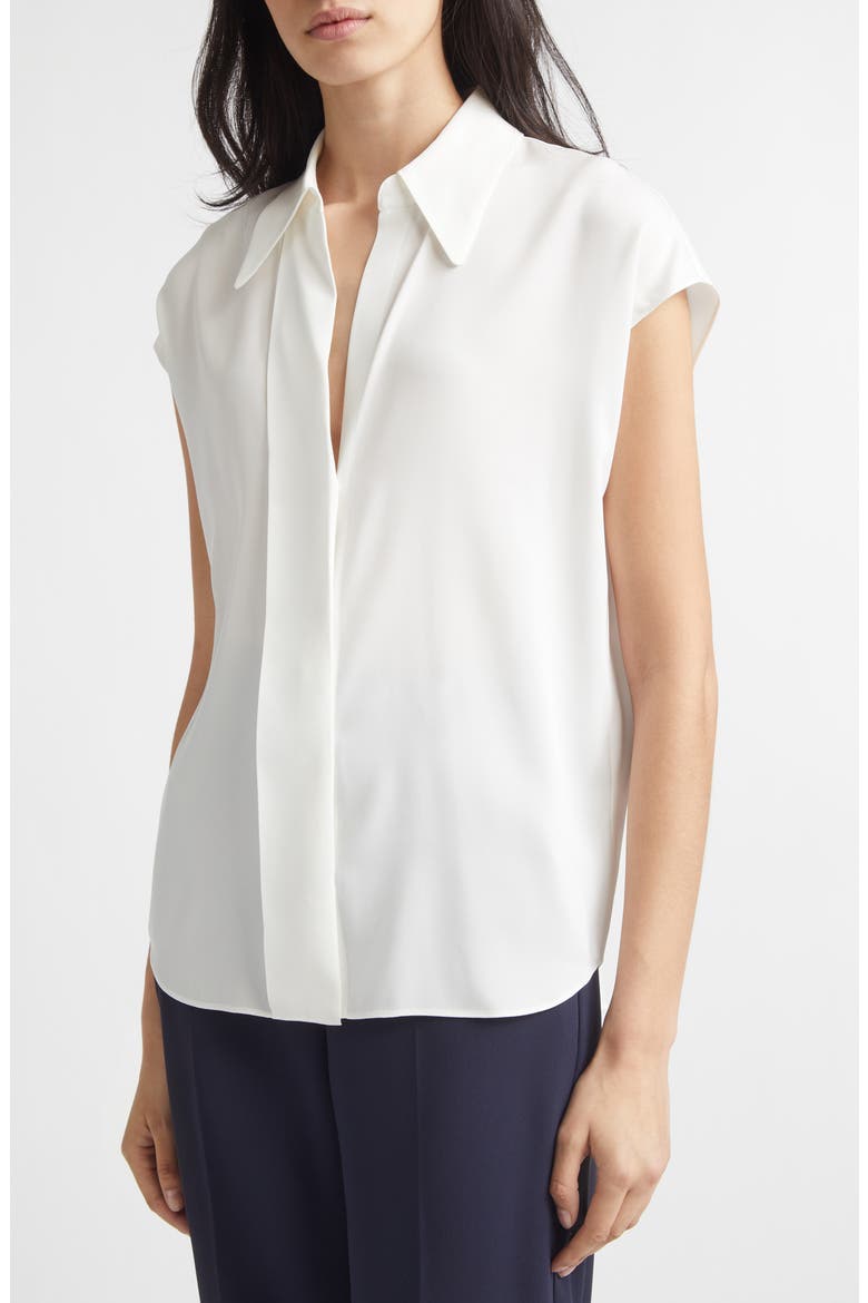 Cap Sleeve Stretch Silk Button-Up Shirt, Alternate, color, CHALK
