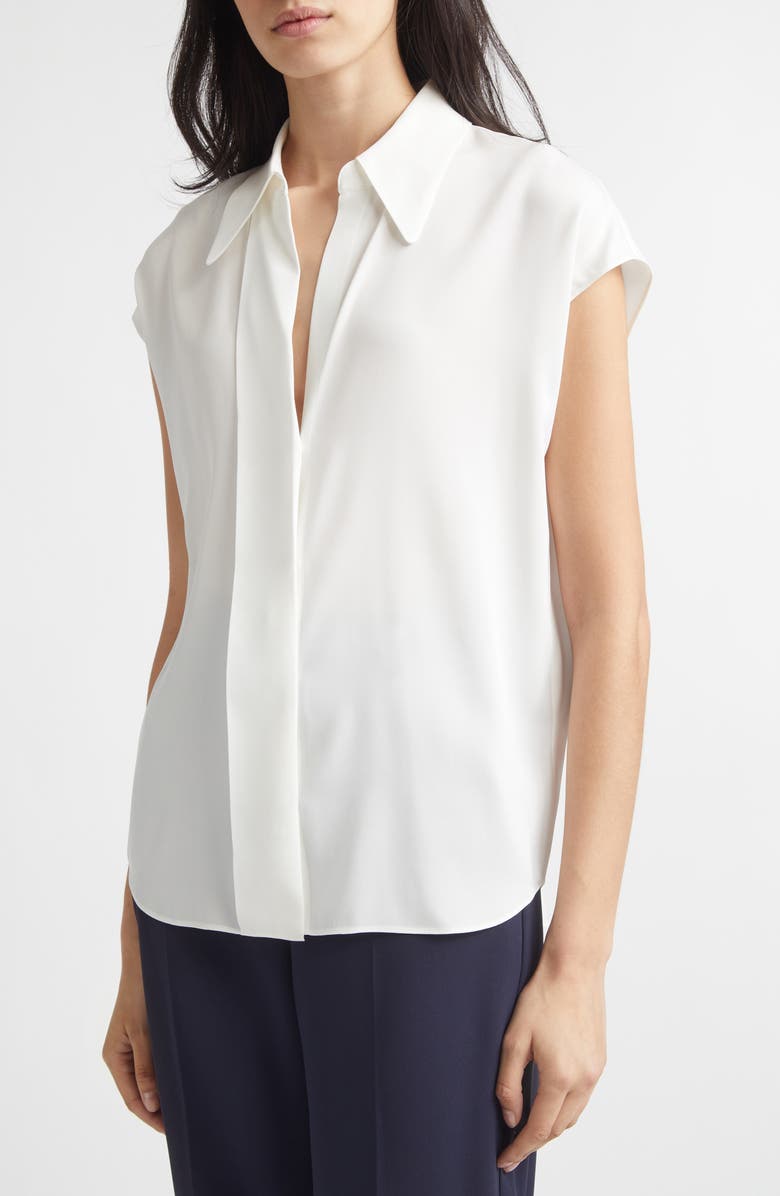 Vince Cap Sleeve Stretch Silk Button-Up Shirt, Alternate, color, Chalk