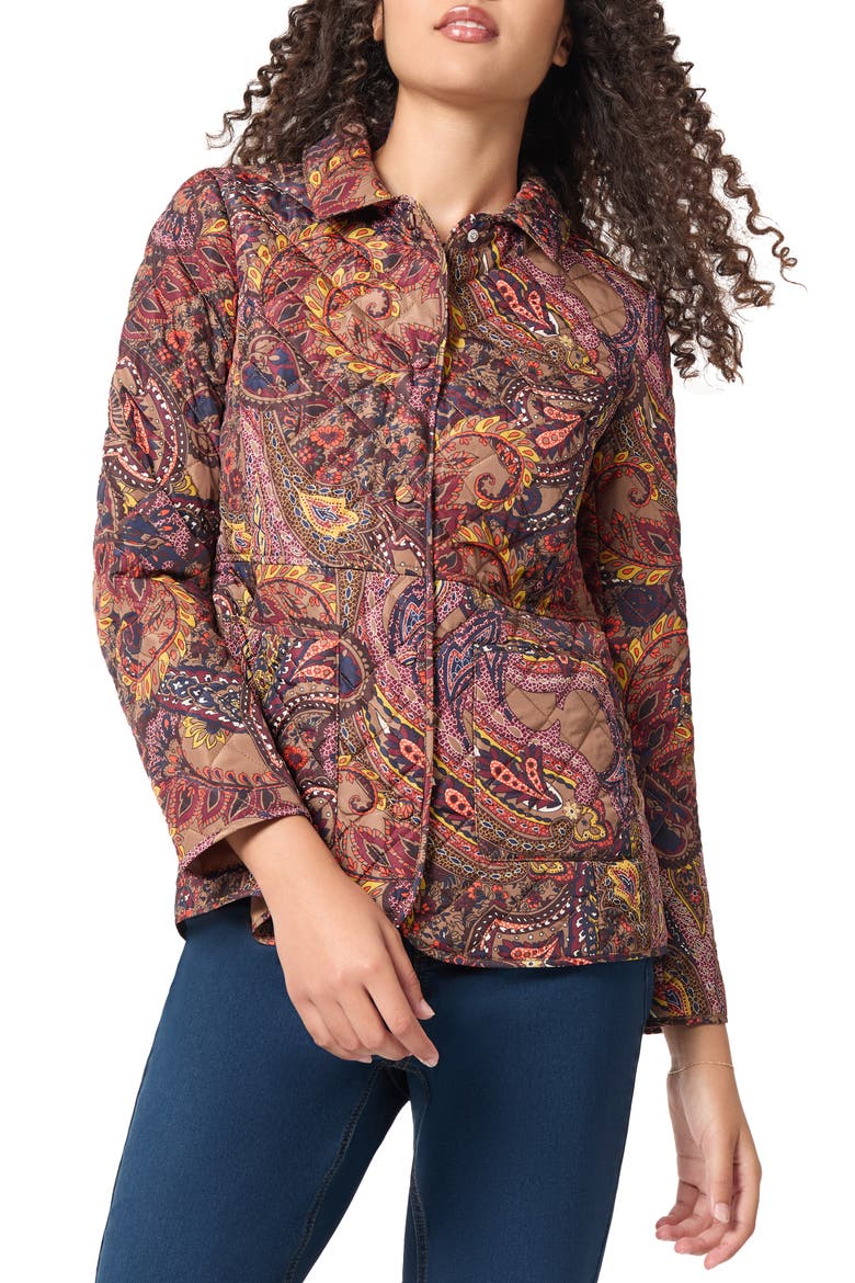 Paisley Print Quilted Bracelet Sleeve Snap Front Jacket, Main, color, CARAMEL MULTI