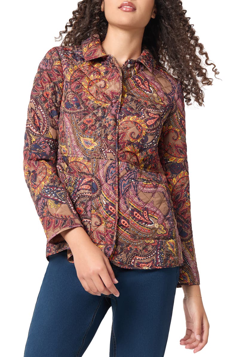 Jones New York Paisley Print Quilted Bracelet Sleeve Snap Front Jacket, Main, color, 