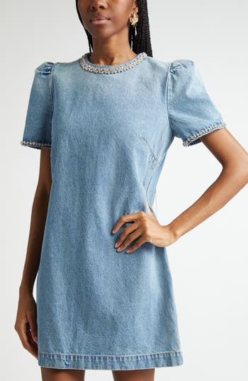 DENIM CRYSTAL TRIM MINIドレス Denim Crystal Trim Mini Dress – self-portrait