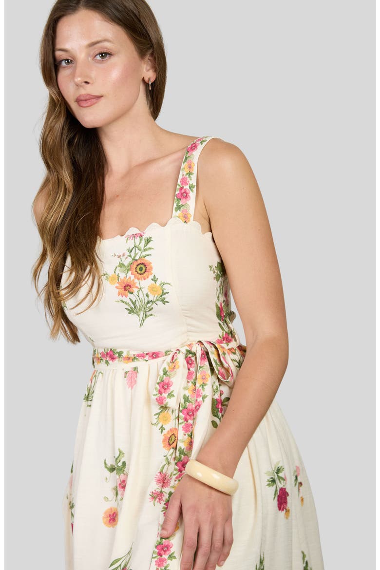 Belted Floral Scallop Edge Midi Dress, Alternate, color, LIGHT KHAKI MULTI