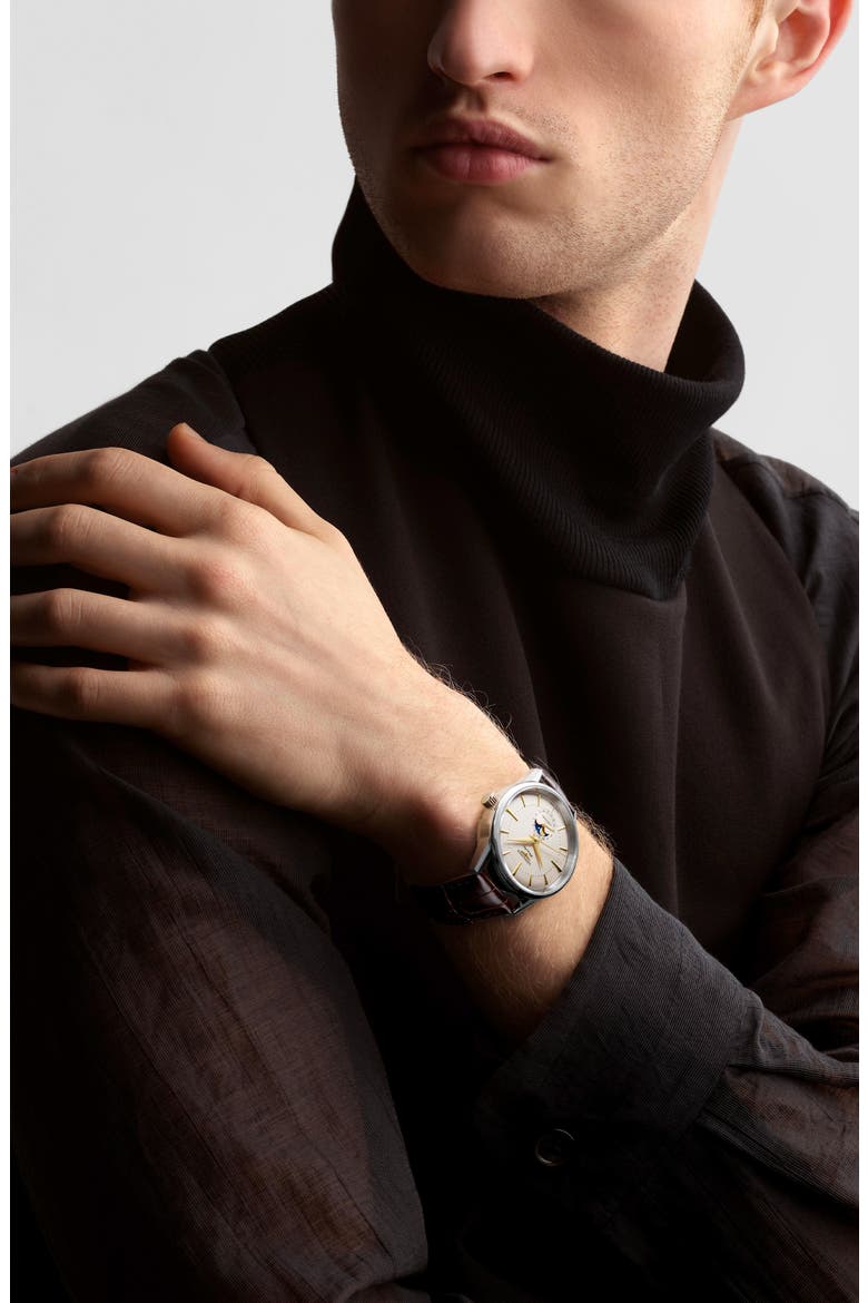 Flagship Heritage Moonphase Automatic Alligator Embossed Leather Strap Watch, 38.5mm, Alternate, color, BEIGE